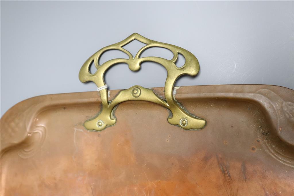 A WMF rectangular copper tray with stylised brass handles, 38 x 33cm